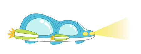 Blue space car. Spaceship with green headlight and turbines. Cartoon, vectorのイラスト素材
