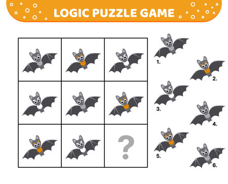 Logic puzzle game. Bat. For kids. Cartoon, flatのイラスト素材
