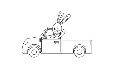 Bunny in pickup. Coloring page. Black and white rabbit in truck. Vectorのイラスト素材