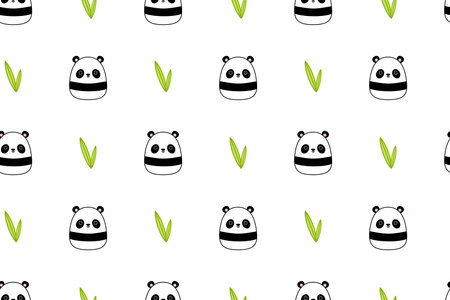 Kawaii Panda and bamboo on seamless pattern. Squishmallow. Background with panda. Kawaii, vectorのイラスト素材