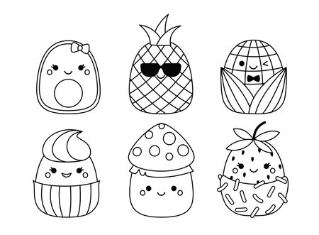 Pineapple, avocado, corn, cupcake, amanita. Coloring page. Squishmallow. Black and white. Vectorのイラスト素材