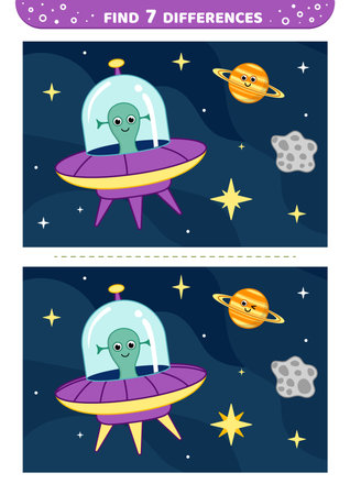 Alien on flying saucer. Find 7 differences. Space game. Flat, cartoon, vectorのイラスト素材
