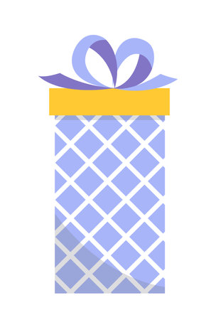 High checkered gift. Birthday purple present with bow. Flat, cartoon, vectorのイラスト素材