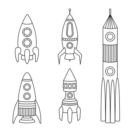 Set of rockets. Coloring page. Black and white rockets. Vectorのイラスト素材