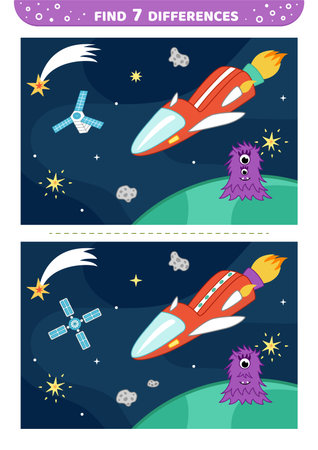 Red spaceship, satellite, alien, shooting star. Find 7 differences. Space game. Flat, cartoon, vectorのイラスト素材