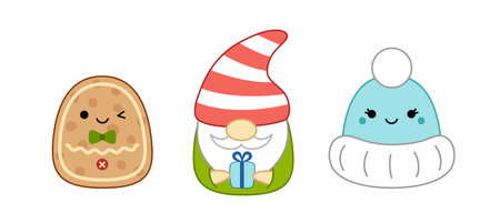 Gingerbread man, Christmas dwarf, blue hat. Squishmallow. Pillow. Cartoon, kawaii, vectorのイラスト素材