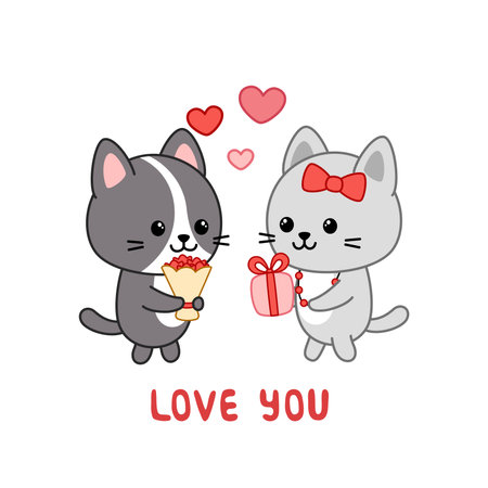 Kitten is congratulating each other by Valentine day. Love you. Card. Kawaii, cartoon, vectorのイラスト素材