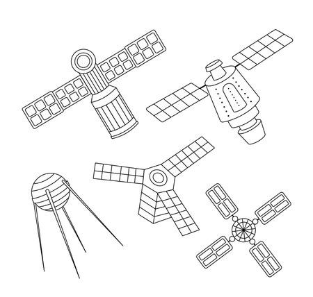 Set of satellites. Coloring page. Black and white flying satellites. Vectorのイラスト素材