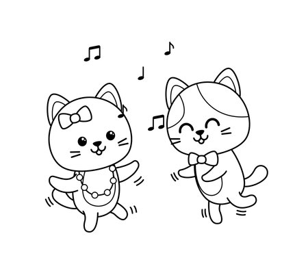 Coloring page. Dancing cats. Black and white kittens. Vectorのイラスト素材