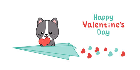Paper airplane with kitten in love. Happy Valentines day card. Kawaii, cartoon, vectorのイラスト素材