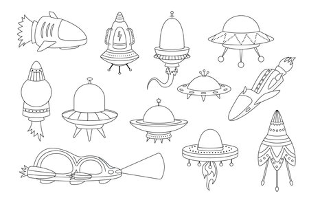 Set of UFO of alien, spaceships, flying saucer. Coloring page. Black and white flying saucer. Vectorのイラスト素材