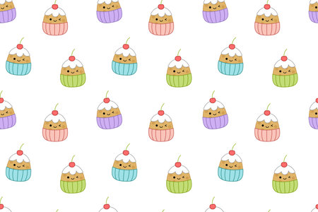 Kawaii cupcakes on seamless pattern. Squishmallow. Cake. Kawaii, Vectorのイラスト素材
