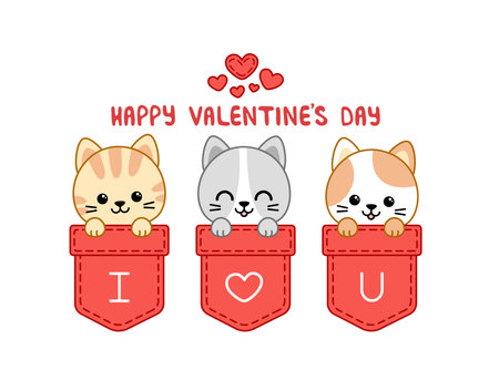 I love you. Kittens in pockets. Happy Valentines day card. Kawaii, cartoon, vectorのイラスト素材