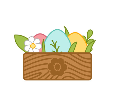 Wooden box with Easter eggs. Cute composition of eggs and flowers. Cartoon, vectorのイラスト素材
