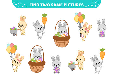 Find two same pictures. Easter game with bunnies and eggs. Game for children. Cartoon, vectorのイラスト素材