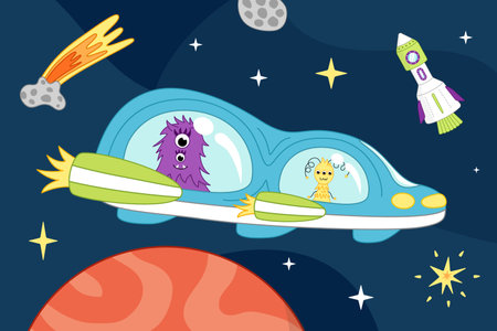 Blue spacecraft with two space monsters in space. Childish space illustration. Cartoon, vectorのイラスト素材