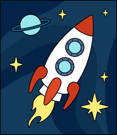 Little rocket in space. Space rocket with turbine and fire. Cartoon, vectorのイラスト素材