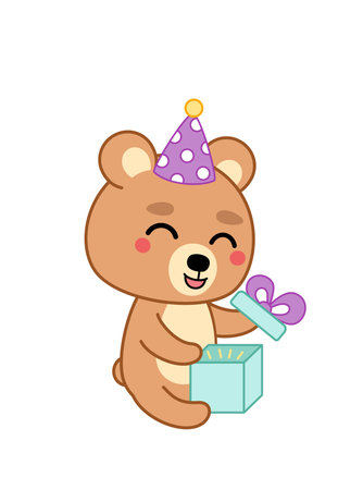 Open gift box. Little bear is opening present in Birthday. Cartoon, kawaii, vector.のイラスト素材