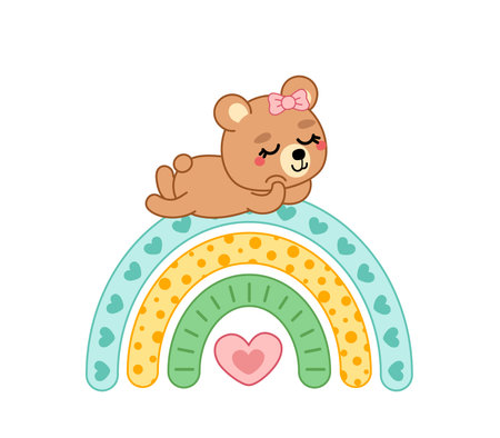 Cute girl bear lies on a cartoon rainbow and dreaming. Cartoon, kawaii, vector.のイラスト素材