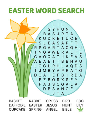 Word search game puzzle for kids in form of egg. Happy Easter. English words. Cartoon, vectorのイラスト素材