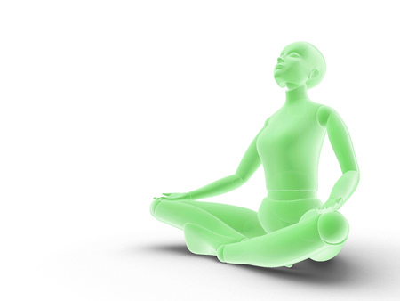 Translucent clear green mannequin sitting in lotus position, yoga meditatingの写真素材