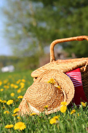 A picnic on the grass with wicker basket and sun hatの写真素材