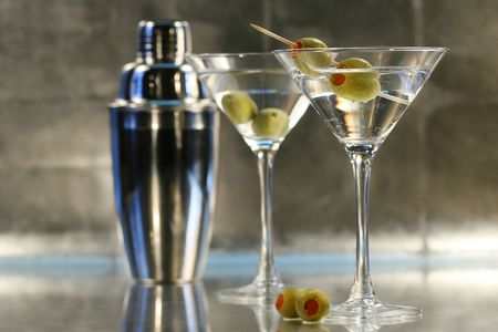 Martinis with olives and shaker on barの写真素材