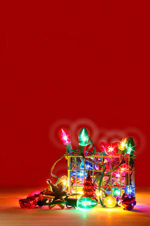 Metal basket filled with lights for decorating