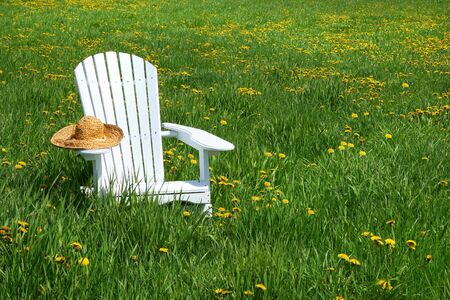 White chair with straw hat in a summer field of flowersの写真素材