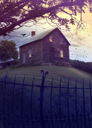 Abandoned haunted house on a hillsideの写真素材