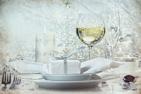 Festive silver dinner setting with vintage look for the holidaysの写真素材