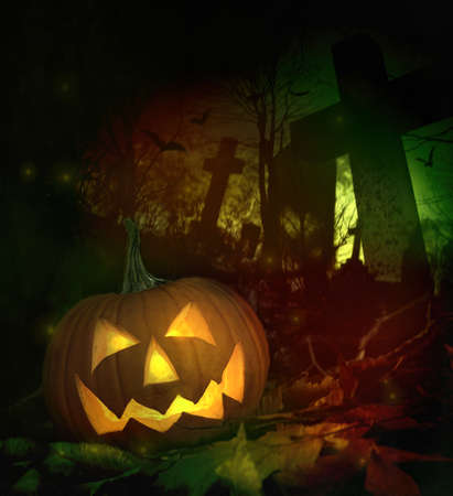 Halloween pumpkin in spooky cemeteryの写真素材
