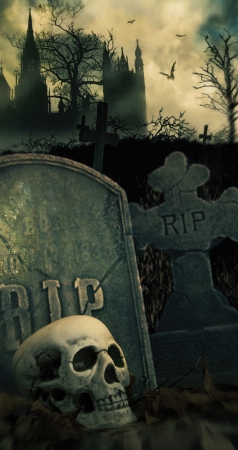 Scary night scene in graveyard with skull and graves