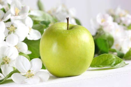 Delicious green apple with blossoms in backgroundの写真素材