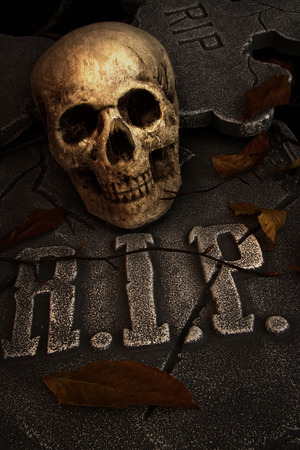Creepy skull on gravestone in cemetaryの写真素材