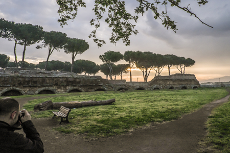 Italy, Rome, Acquedotto Claudio - A wonderful day began with a morning stroll to the Aqueduct Parkの写真素材