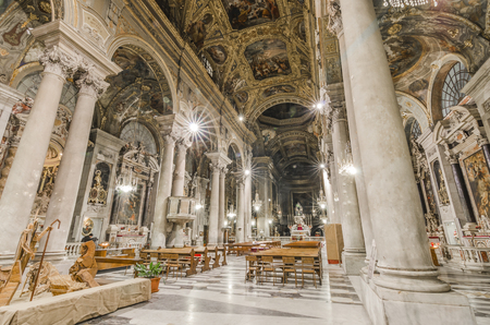 Italy,Genova, Basilica di Santa Maria delle Vigne - wide angle shot inside the church with long time exposureのeditorial素材