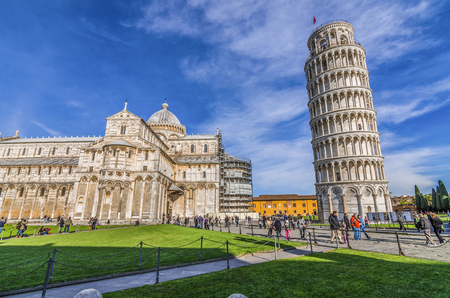 Italy, Pisa, Piazza del Duomo - shot at the monuments in piazza del duomo where there is the famous leaning tower of Pisaの写真素材