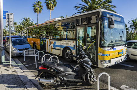 France, Nice Cote d'Azur - Shot made during a trip in a camper in November 2013; bus stop.のeditorial素材