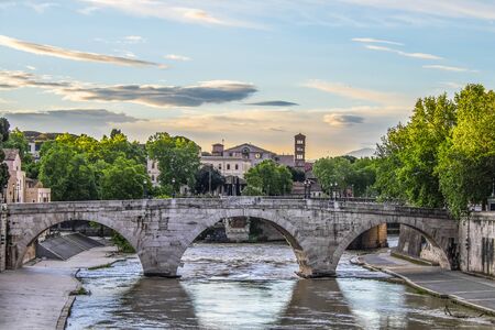 Italy, Rome, 04 May 2014 - Tiber Island at the sunrise, low light shot taken from Ponte Garibaldi on Tiber Riverのeditorial素材