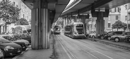 Italy, Rome, San Lorenzo - 08 May 2016 - Tram in the San Lorenzo district
