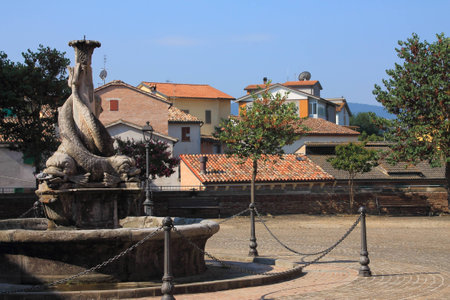 Fountain of the old castle in Cerreto D'esi, Italyの写真素材