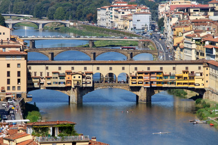 Florence, Italy - September 9, 2020: The beautiful Ponte Vecchio in Florence as seen from Piazzale Michelangeloのeditorial素材
