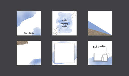 social media feed template in blue and gold watercolor. story promotion mockup for jewelry, fashion,...