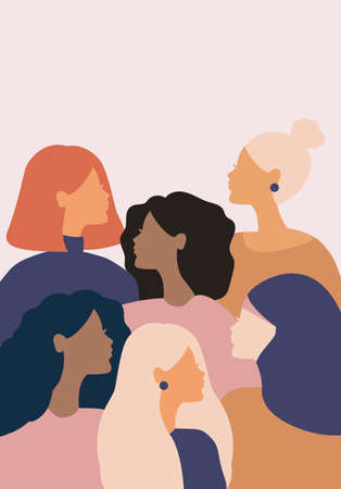 woman social network community. group of multi ethnic racial women who talk and share ideas, information. communication and friendship between women of diverse cultures. vector female silhouetteのイラスト素材