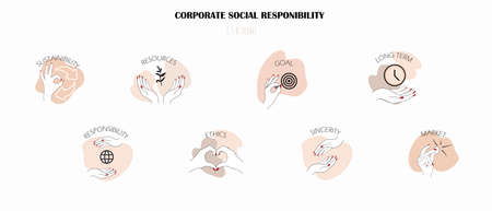Socially responsible investing. icons of company values with strong environmental, social and corporate governance records. symbols of sustainable, ethical, fair, sincere, long term business goalsのイラスト素材