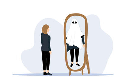 concept of gaslighting psychological manipulation, low self esteem, anxiety, fear, worry. Person with mental health problem with emotional stages. full length woman standing looking in mirrorのイラスト素材