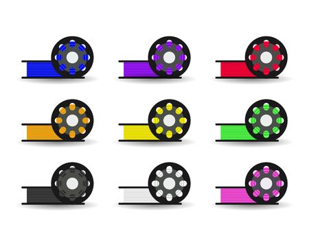 vector set flat color spool for 3D printer, plastic for 3D printer, red, blue, purple, green, orange, yellow, black, white pinkのイラスト素材