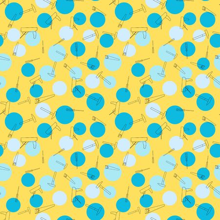vector background, seamless pattern with line tools, planer, screwdriver, hammer, saw blue and yellowのイラスト素材