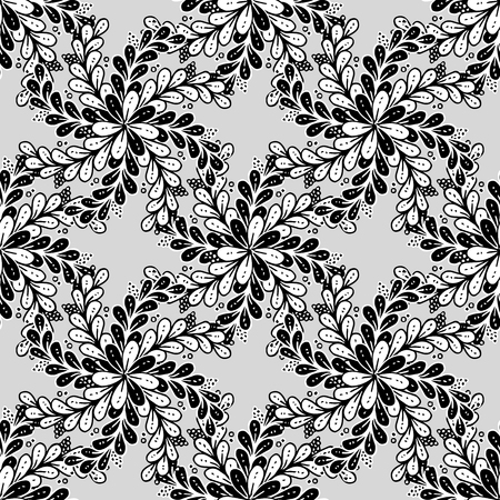 vector seamless abstract pattern background with black and white branches and leaves on greyのイラスト素材